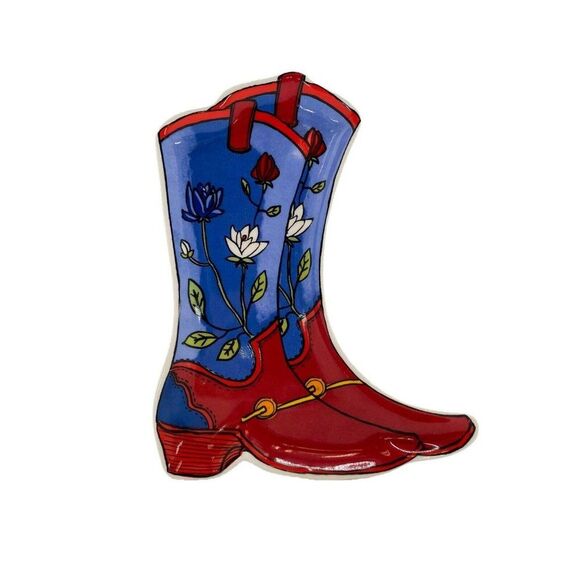 Pioneer Woman Country Western Boot Red Blue Small Plate Trinket Dish Stoneware - Picture 1 of 4